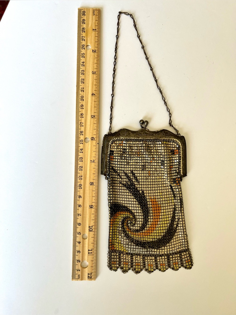 Art Nouveau enamel metal mesh evening bag with swirl design. - Picture 9 of 9